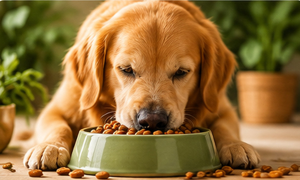Golden Retriever frisst Hundefutter aus einem grünen Napf