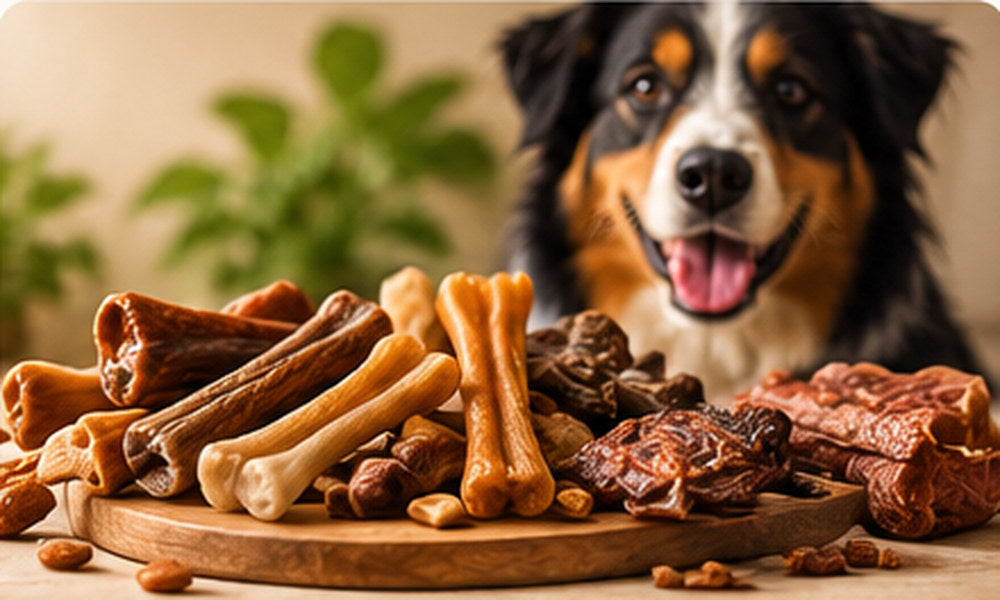 Hund hinter einer Auswahl aus Hundesnacks, Kauartikeln und Leckerlis