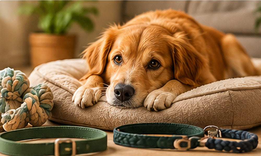 Golden Retriever liegt auf einem Hundebett neben Leine und Halsband