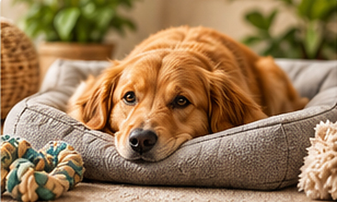 Golden Retriever liegt entspannt im grauen Hundebett mit weichem Kissen