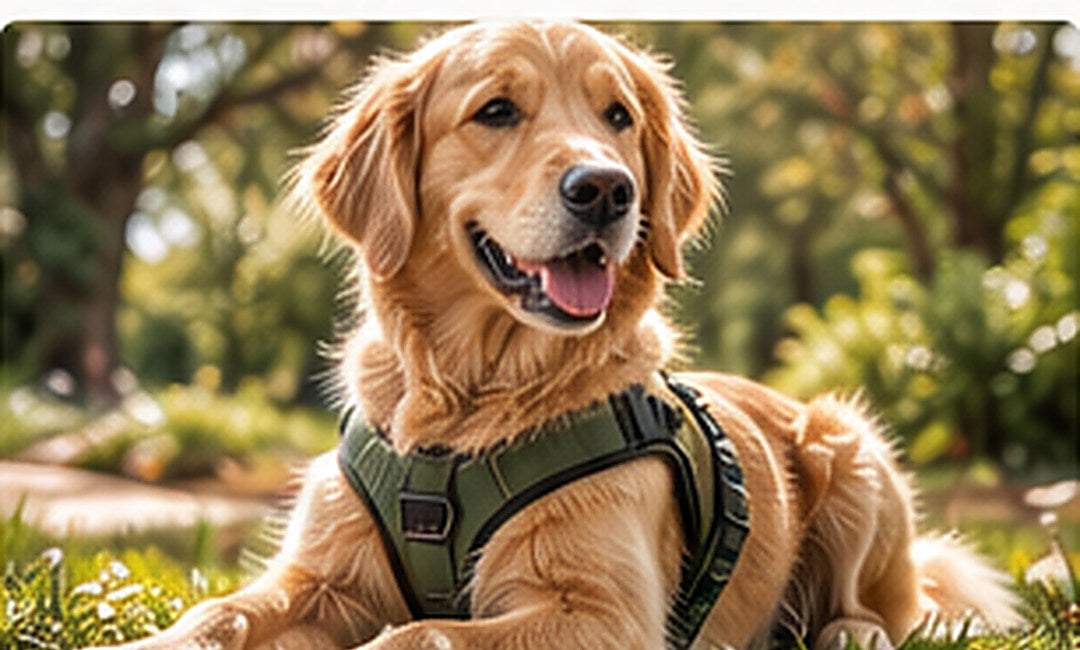 Golden Retriever trägt ein grünes Hundegeschirr im Garten