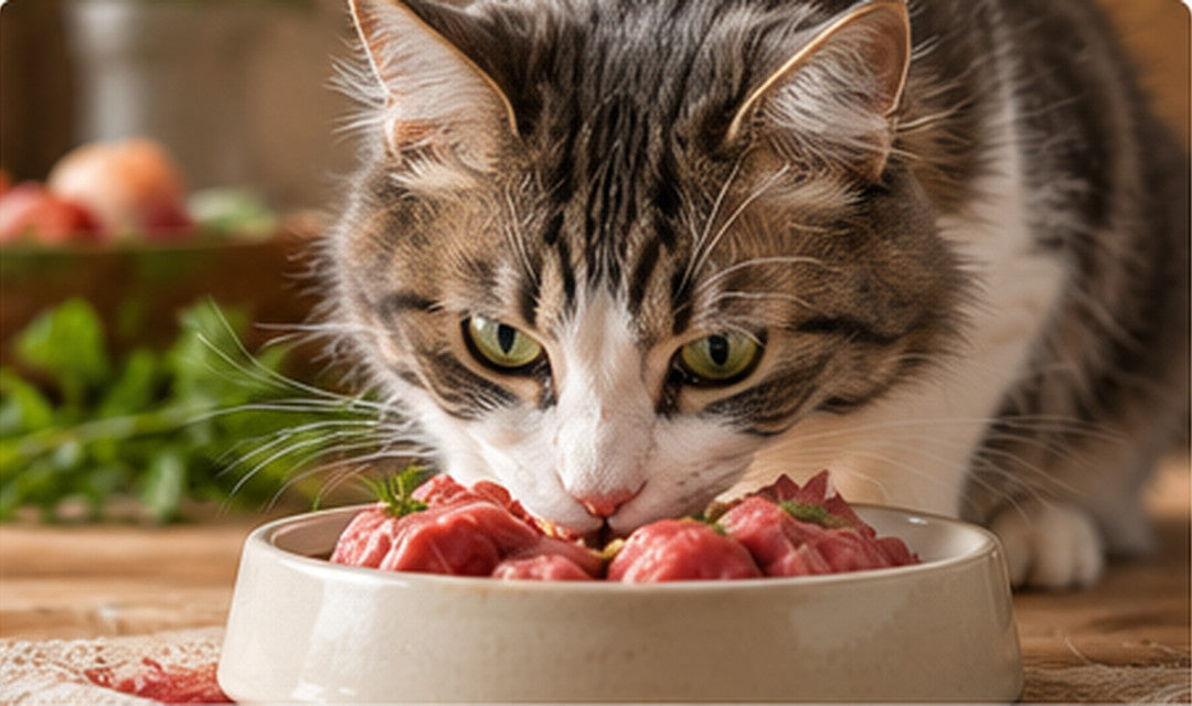 Grau-weiße Katze neben einem Napf mit rohem Fleisch für die Kategorie BARF und Rohfütterung für Katzen