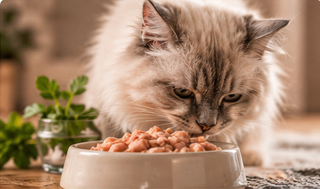 Hellgraue Langhaarkatze am Futternapf auf der Kategorieseite für Ergänzungsfutter für Katzen