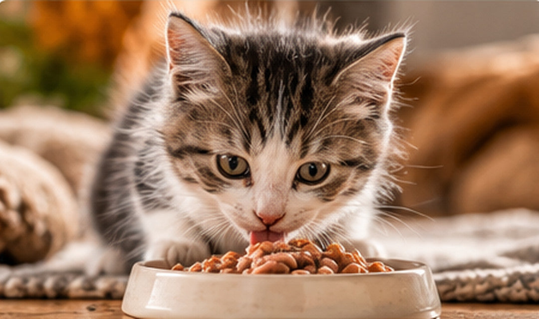Grau-weiße Katze an einem weißen Futternapf als Motiv für Katzenfutter für kastrierte Katzen