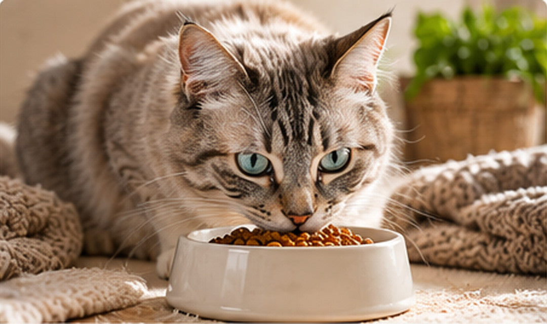 Grau getigerte Katze vor einem Futternapf als Motiv für Sensitiv-Katzenfutter