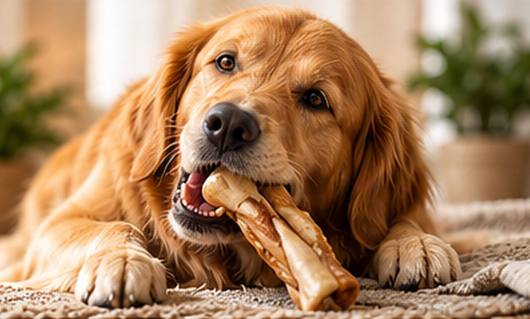 Golden Retriever kaut auf einem Kauartikel für Hunde in einem gemütlichen Wohnzimmer
