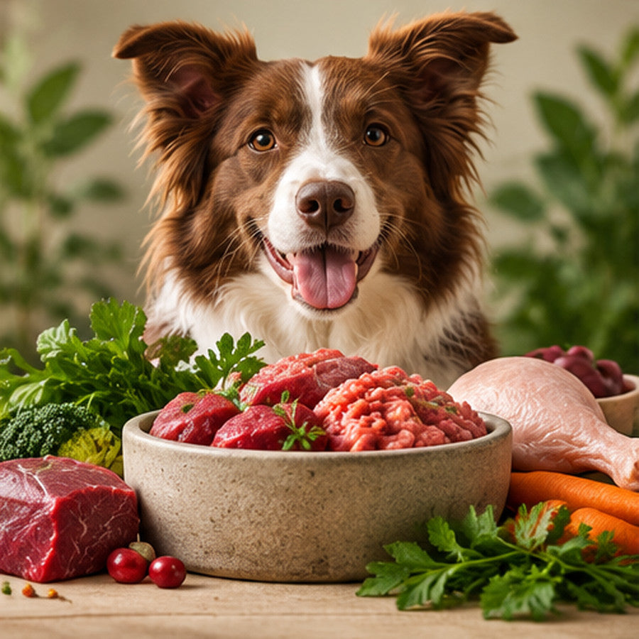 Braun-weißer Hund hinter einer Schüssel mit rohem Fleisch und Gemüse für BARF