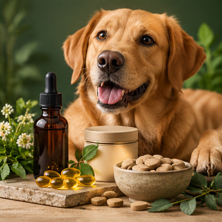 Hund neben Futterzusätzen und Ölflasche auf der Kategorieseite für Nahrungsergänzung für Hunde