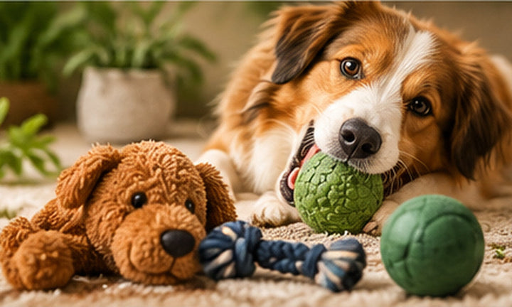 Braun-weißer Hund spielt mit Bällen und Plüschtieren als Motiv für Hundespielzeug