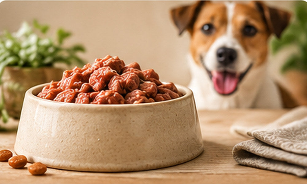 Braun-weißer Hund hinter einem Keramiknapf mit Nassfutter