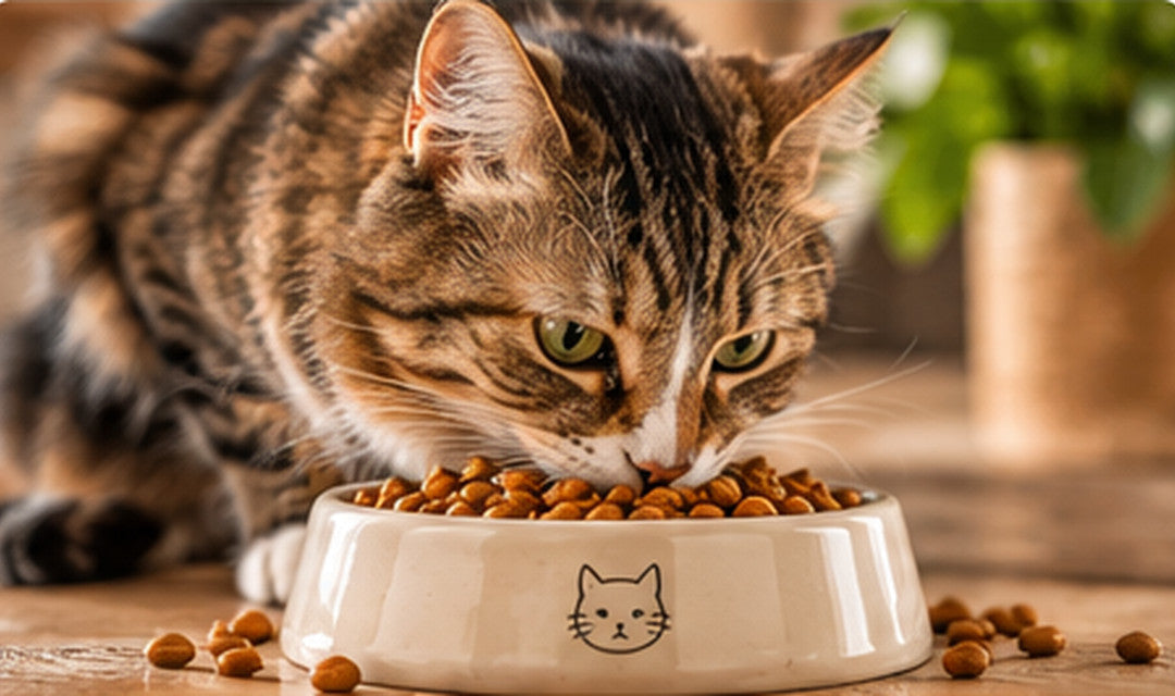 Getigerte Katze frisst Trockenfutter aus einem Keramiknapf