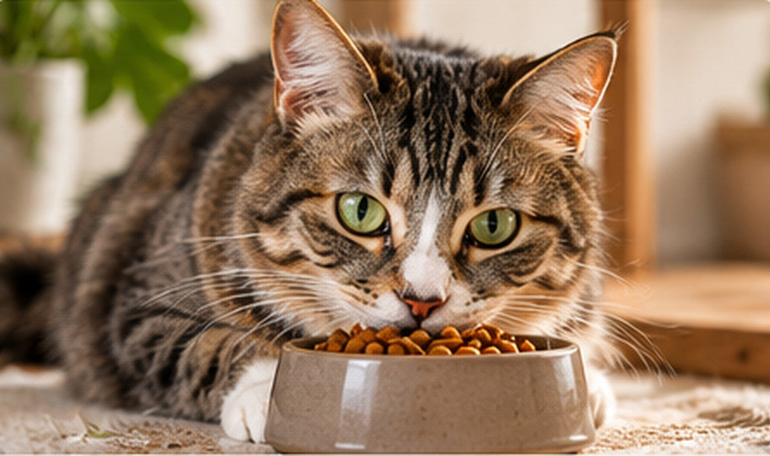 Ausgewachsene getigerte Katze neben einem Napf mit Trockenfutter
