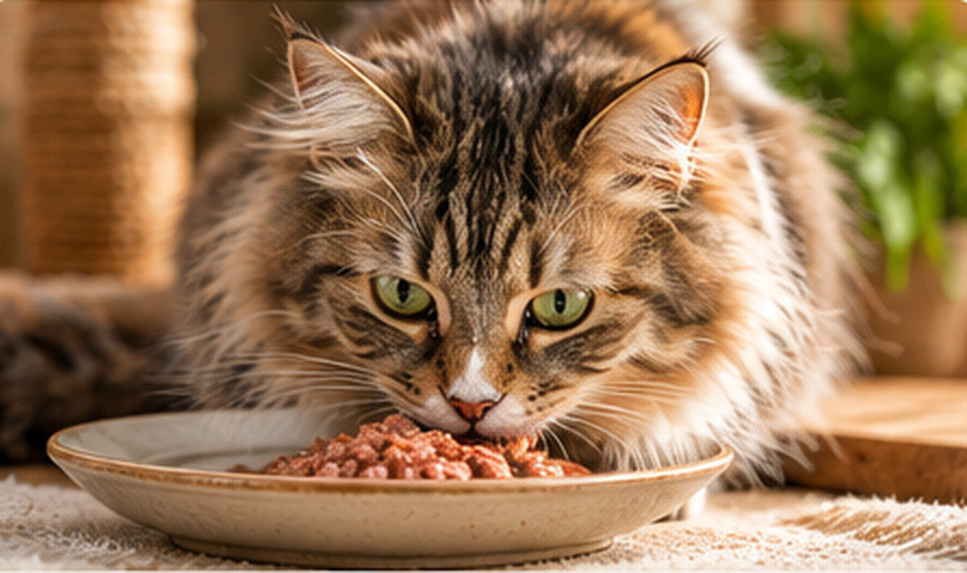 Ältere Langhaarkatze am Futternapf als Motiv für Seniorenfutter für Katzen