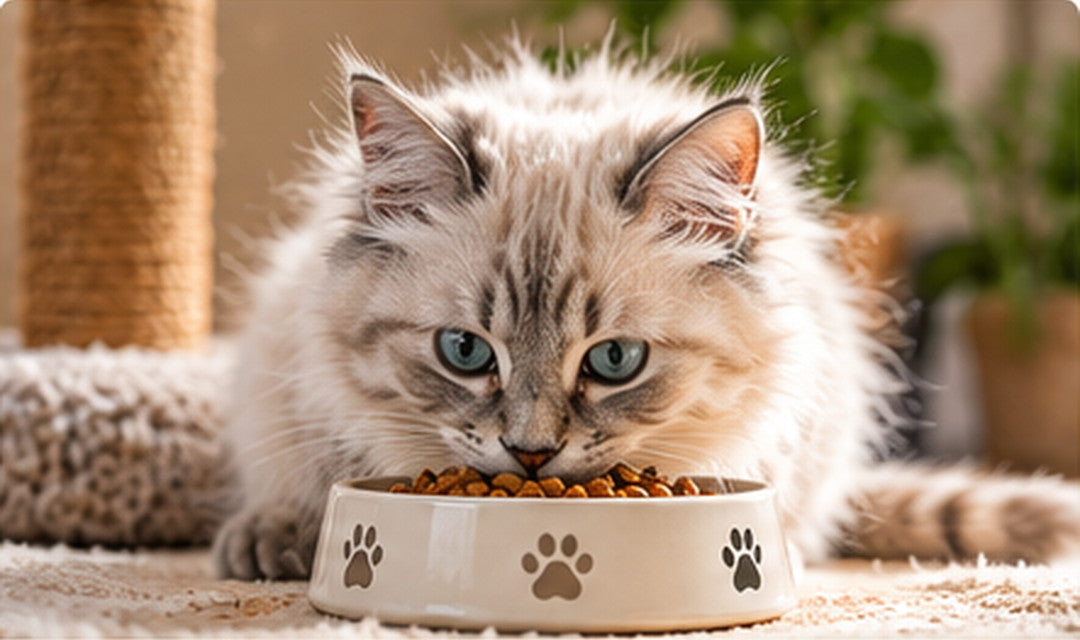 Helles Kätzchen vor einem gefüllten Futternapf als Motiv für Kittenfutter