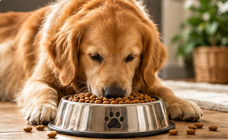 Golden Retriever frisst Trockenfutter aus einem Edelstahl-Hundenapf