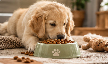Heller Golden-Retriever-Welpe frisst Welpenfutter aus einem grünen Napf