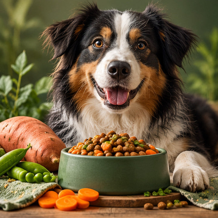 Hund neben Futternapf mit Trockenfutter und Gemüse als Motiv für getreidefreies Hundefutter