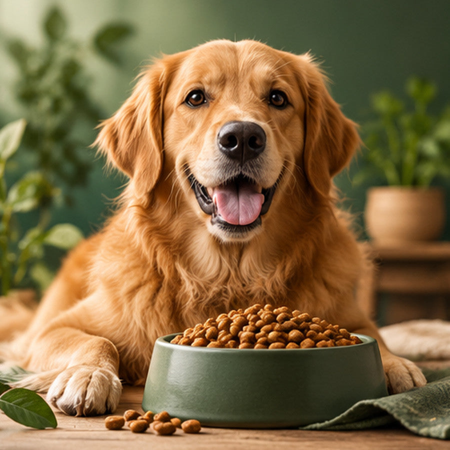 Golden Retriever vor einem Futternapf mit Trockenfutter für erwachsene Hunde