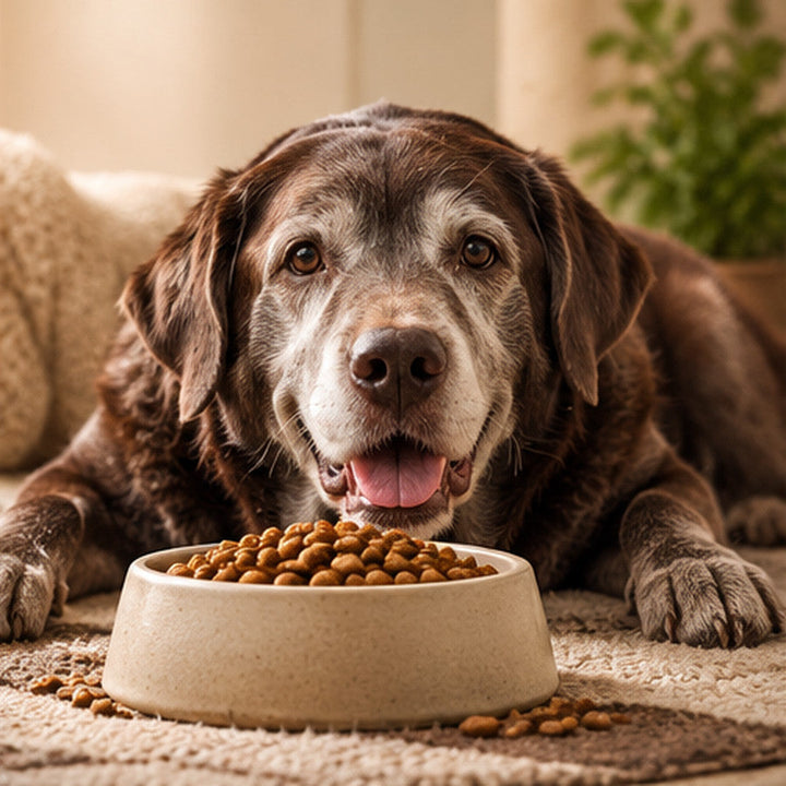 Älterer brauner Hund neben einem Futternapf als Motiv für Seniorenfutter für Hunde