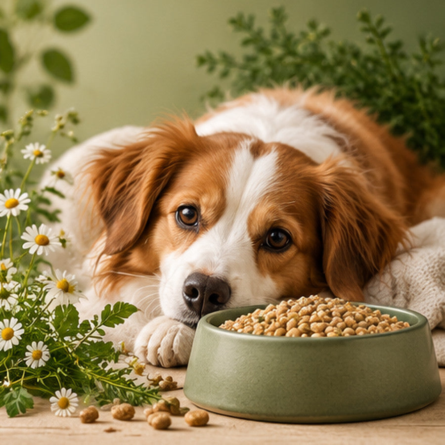 Kleiner Hund neben einem grünen Napf auf der Kategorieseite für Sensitiv-Hundefutter