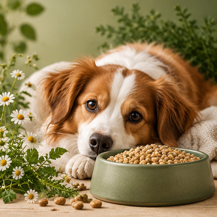 Kleiner Hund neben einem grünen Napf auf der Kategorieseite für Sensitiv-Hundefutter