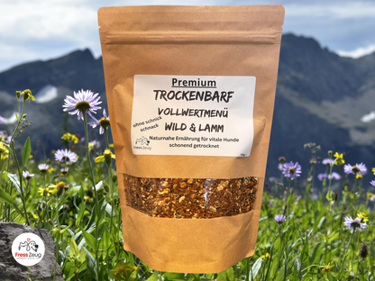 Trockenbarf Wild & Lamm mit Ziegenmilch & Rothirschgeweih