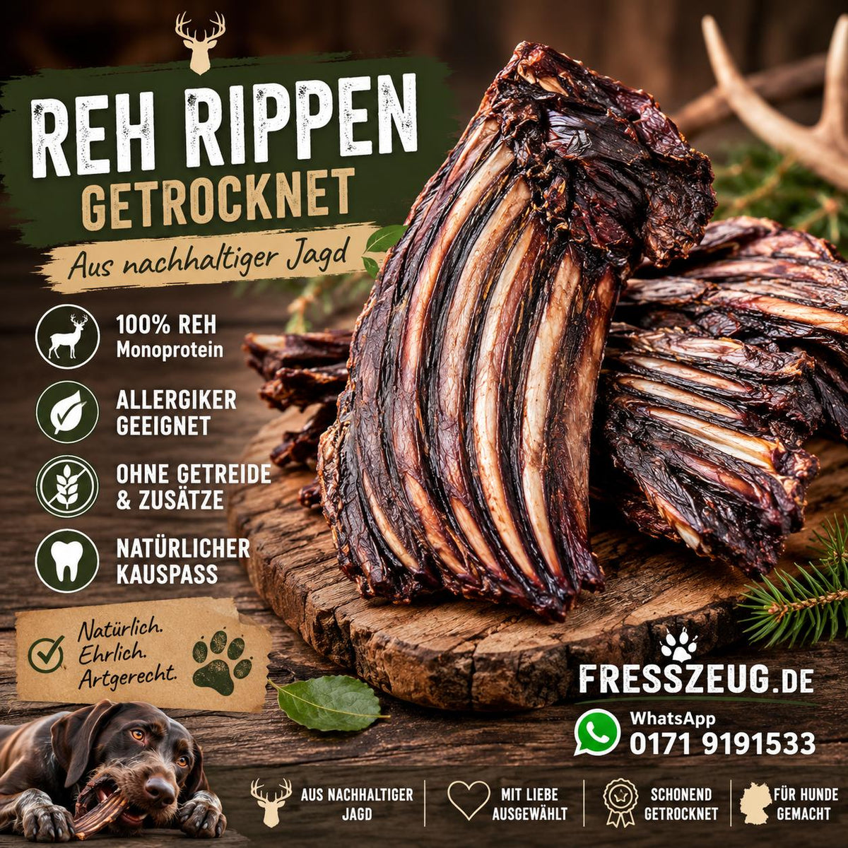 FressZeug Fleischige Rehrippen 200 g – getrockneter Kauartikel für Hunde