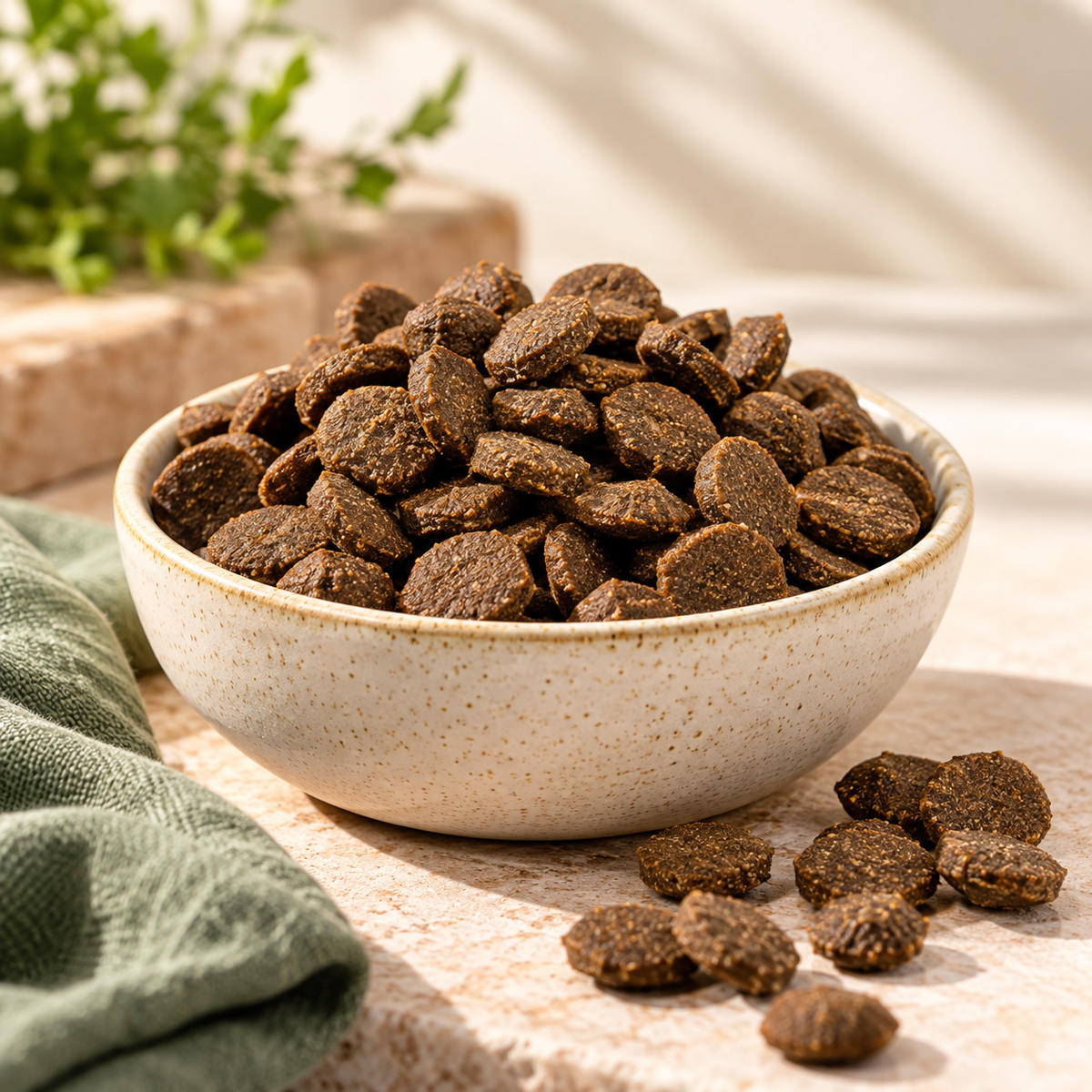 Serviervorschlag zu FressZeug Büffel WILDLINE: Hundefutter in einer Keramikschale, natürlich präsentiert