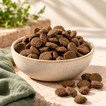 Serviervorschlag zu FressZeug Büffel WILDLINE: Hundefutter in einer Keramikschale, natürlich präsentiert
