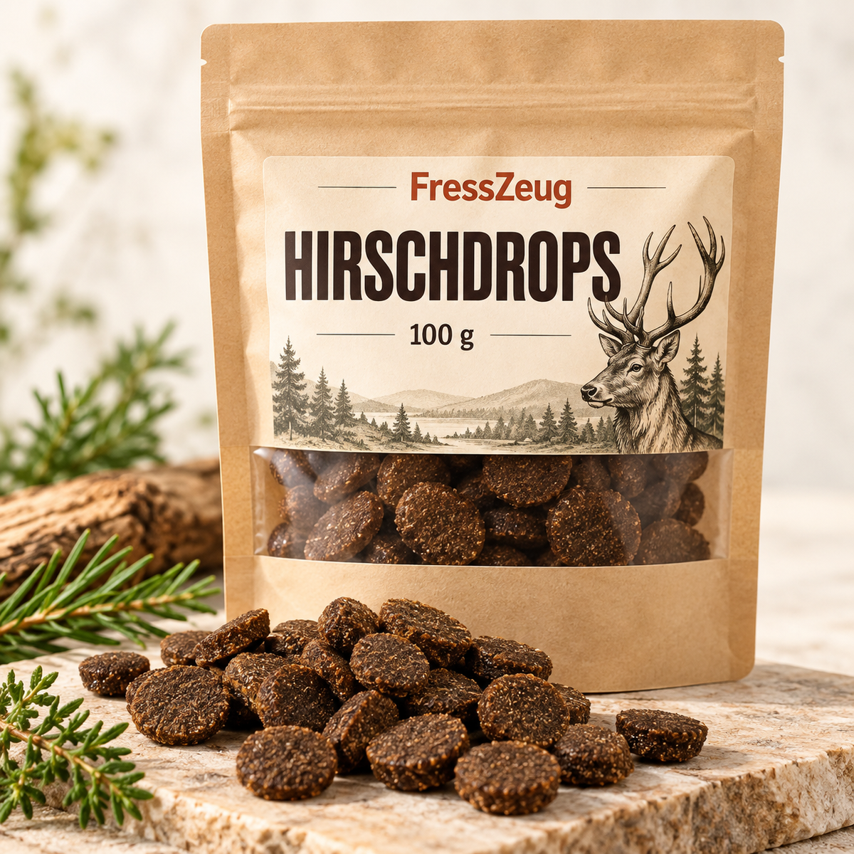 FressZeug Hirschdrops 100 g – Hundesnacks mit Hirsch als Produktdarstellung