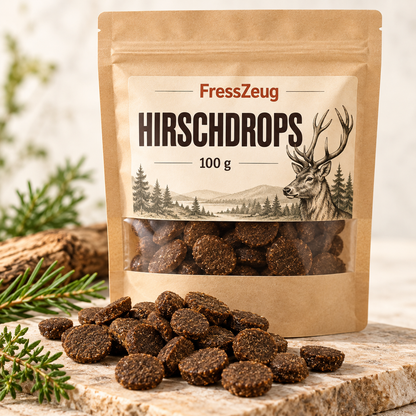 FressZeug Hirschdrops 100 g – Hundesnacks mit Hirsch als Produktdarstellung