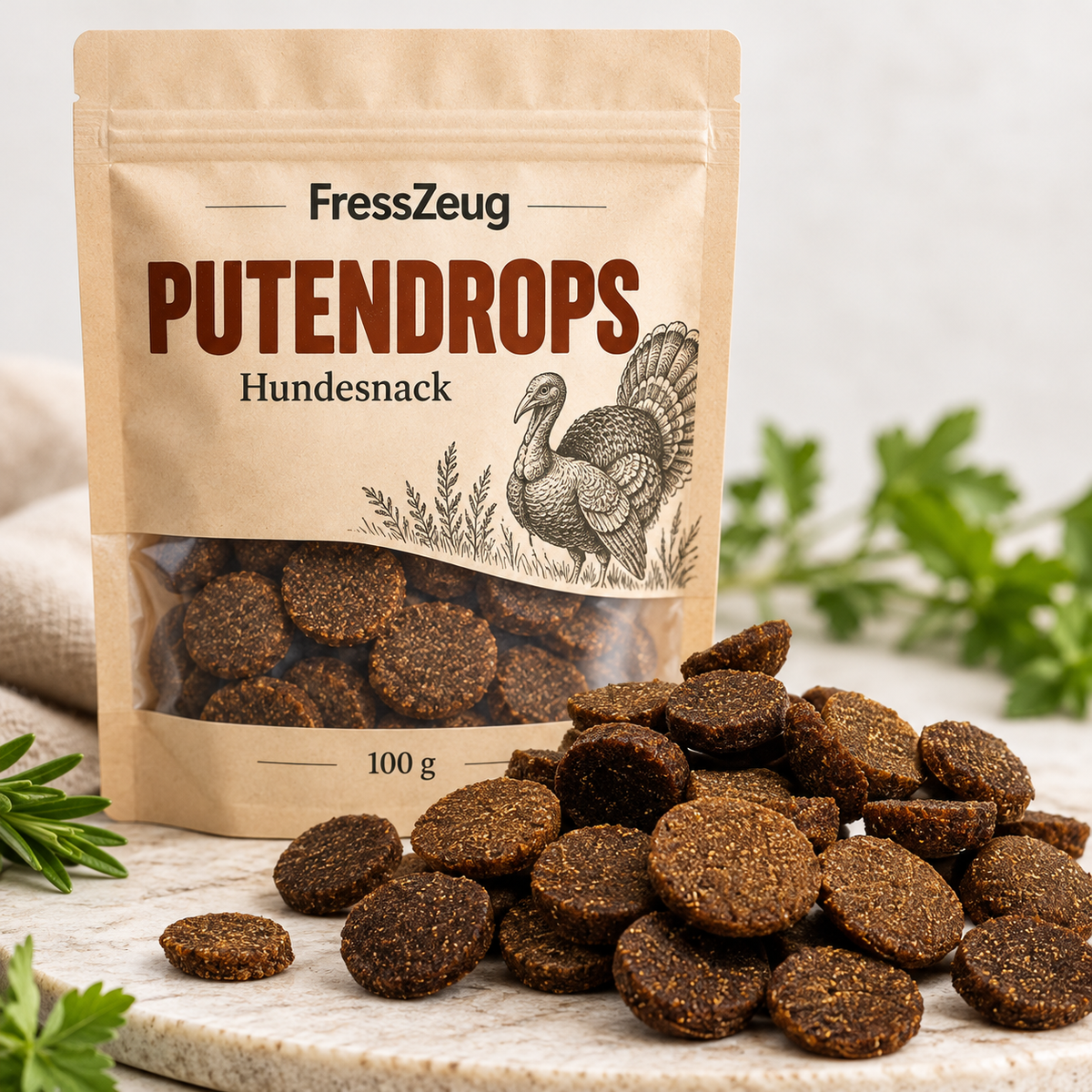 FressZeug Putendrops 100 g – Hundeleckerlis mit Pute in natürlicher Produktdarstellung