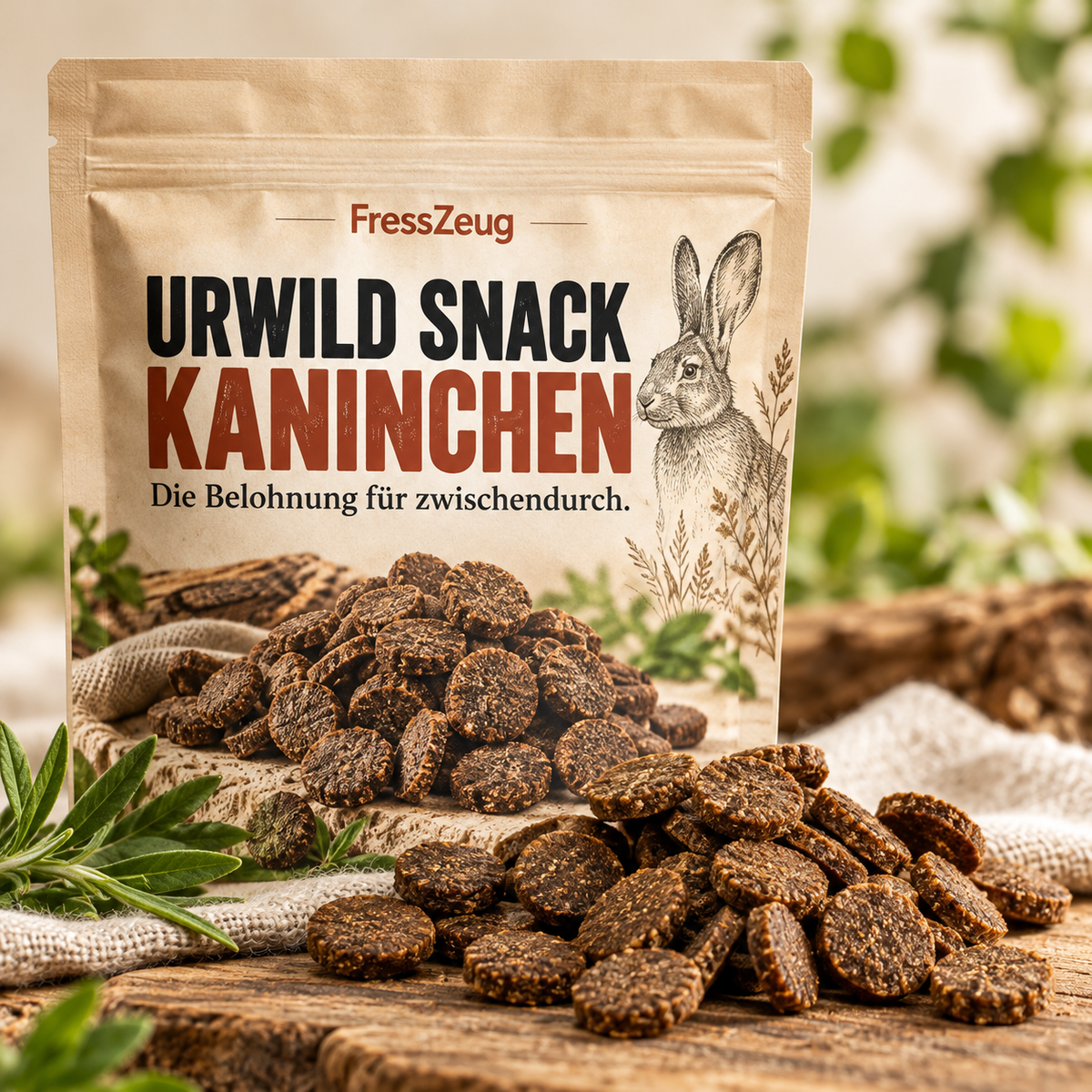 FressZeug URWILD Kaninchen Snack 150 g – Hundeleckerlis in natürlichem Produktambiente