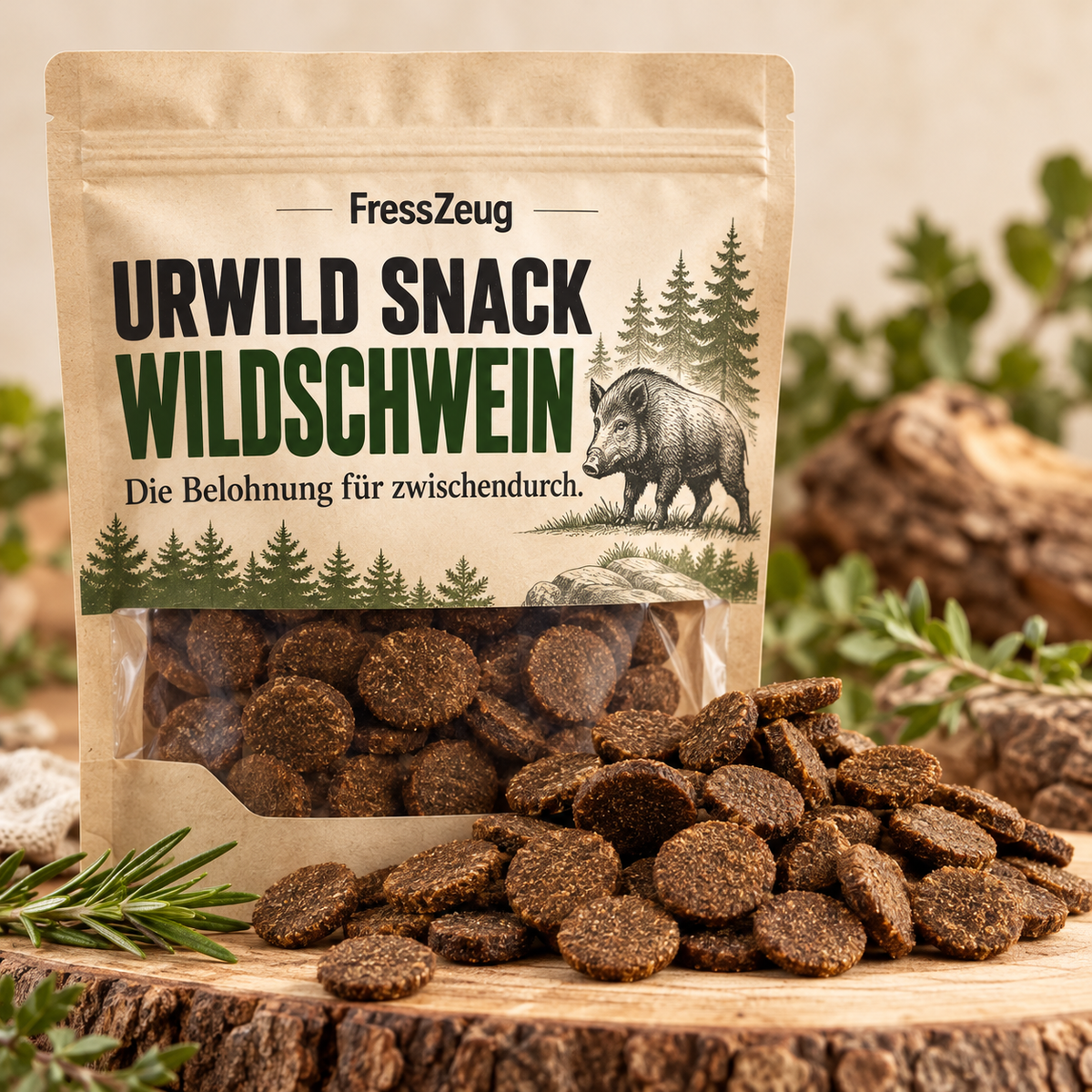 FressZeug URWILD Wildschwein Snack 150 g – Hundeleckerlis in natürlicher Produktdarstellung