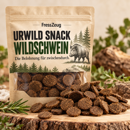 FressZeug URWILD Wildschwein Snack 150 g – Hundeleckerlis in natürlicher Produktdarstellung