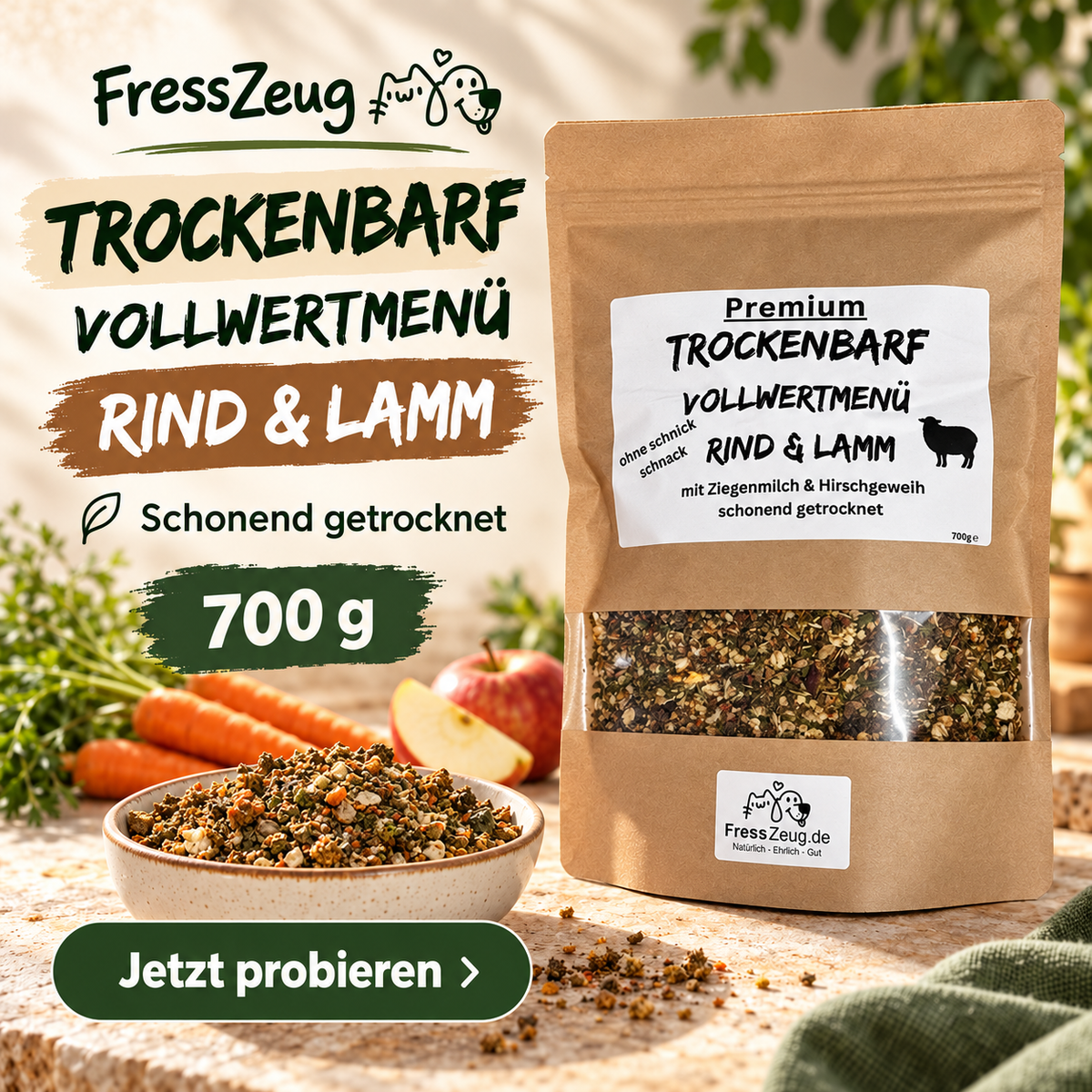 Trockenbarf Rind & Lamm mit Ziegenmilch & Hirschgeweih