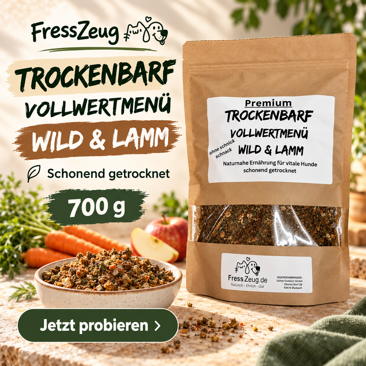 Trockenbarf Wild & Lamm mit Ziegenmilch & Rothirschgeweih
